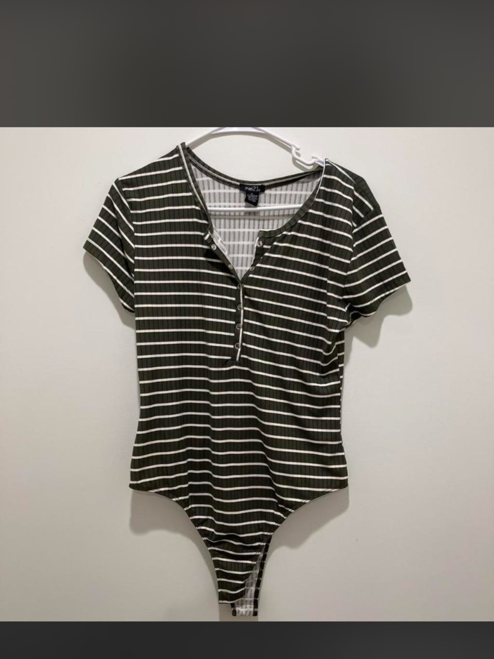 Rue21 Olive Green and White Striped Henley Bodysuit